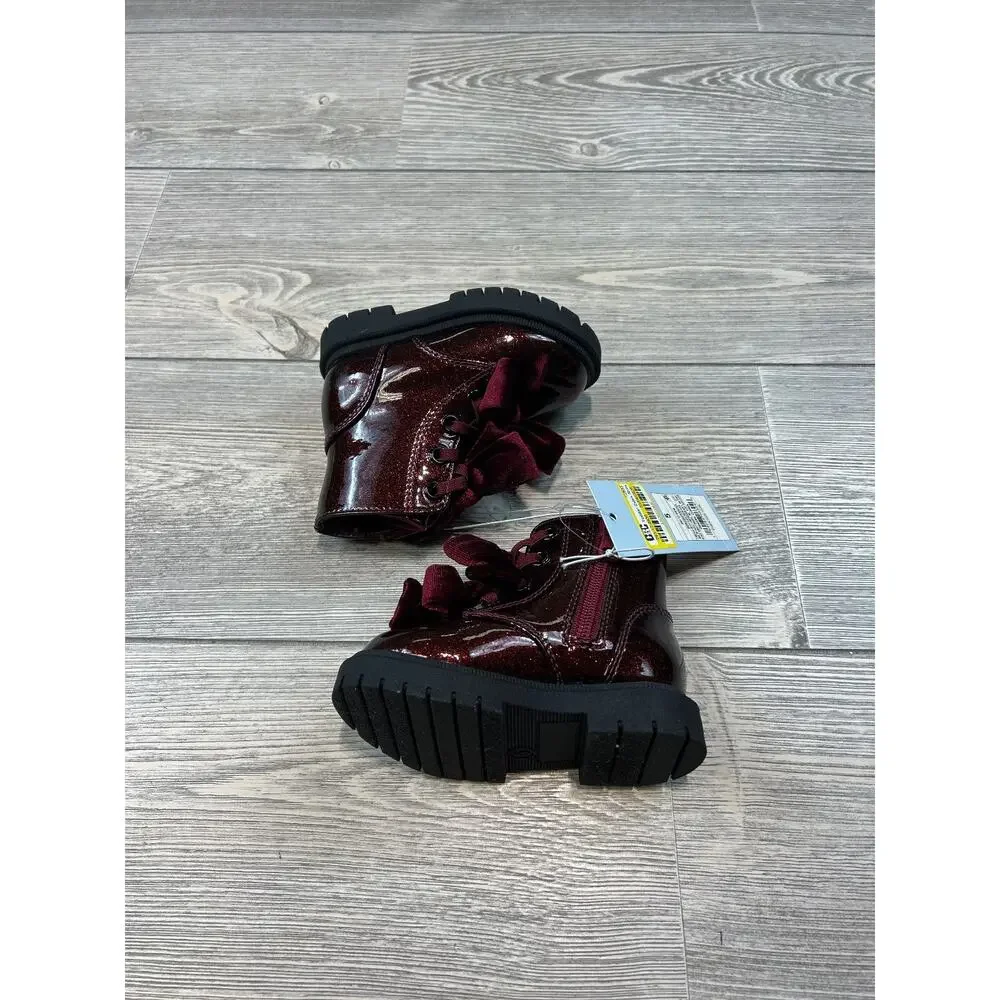 Cat & Jack Toddler Estes Shimmer Combat Boots Burgundy 5 NWT